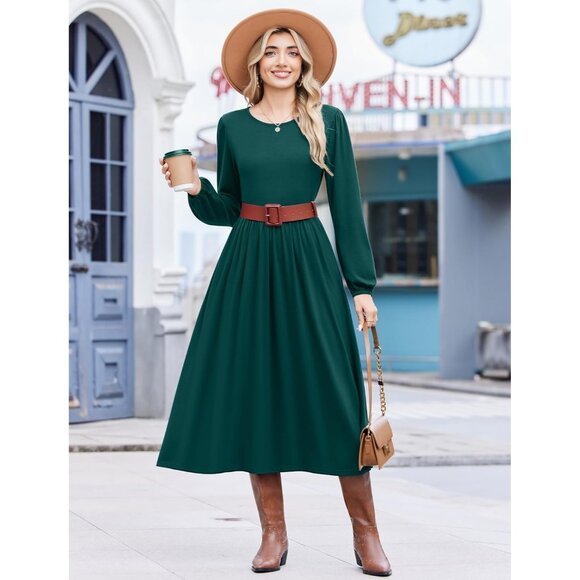 Zeagoo Women Dark Green Long Sleeve Flowy A-Line Boho Long Dress with Pockets - Picture 4 of 6